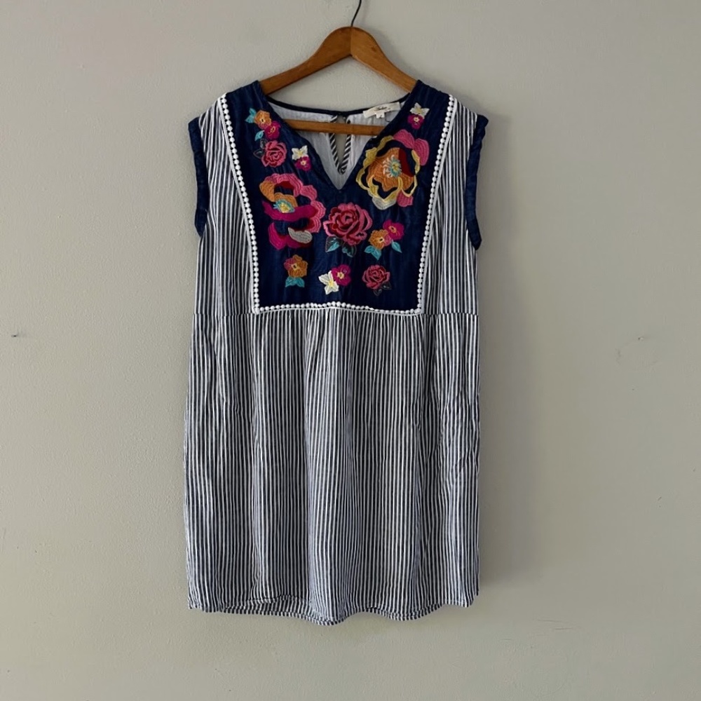 ANDREE BY UNIT Striped Mini Dress with Floral Embroidery